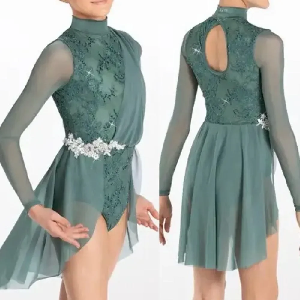 Weissman Dance lyrical Costume green mesh skirt bead applique Pompeii 14713 XSA